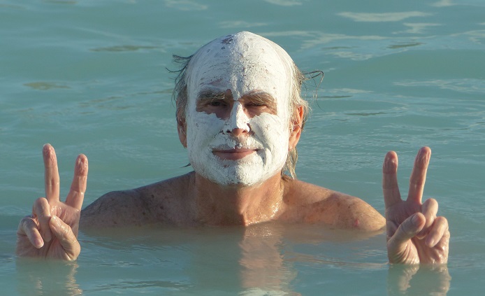 Randall wearing a mud facepack in the Blue Lagoon, Iceland
